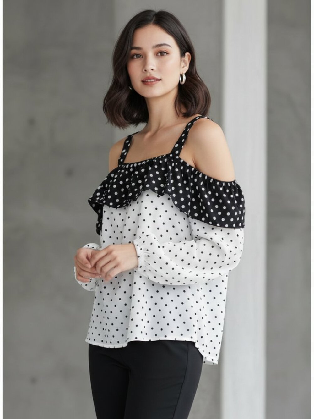 Loft Size PM Black White Dot Cold Shoulder Ruffle Top Petite Coquette Boho Party